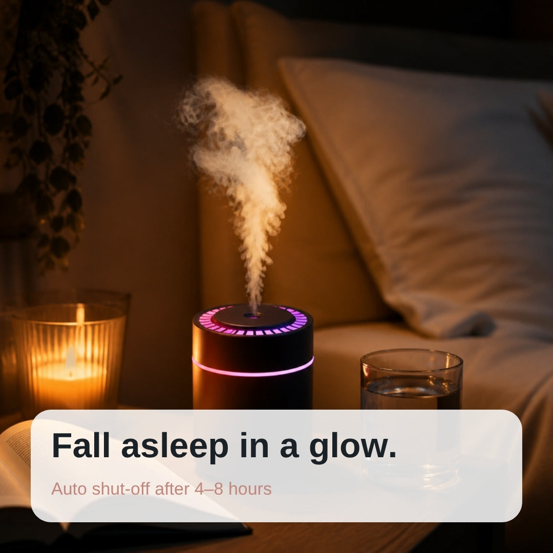 Black Mistly diffuser glowing on a nightstand